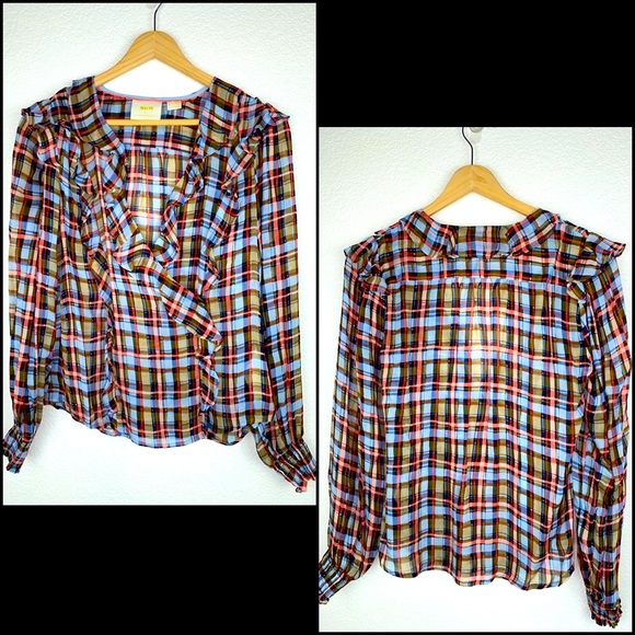 Anthro Maeve Plaid Ruffle Long Sleeve Blouse Top - Picture 5 of 15